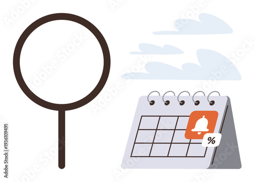Time management, productivity, research, planning, reminders, efficiency. Magnifying glass next to calendar with notification symbol. Time management and productivity through scheduling tools