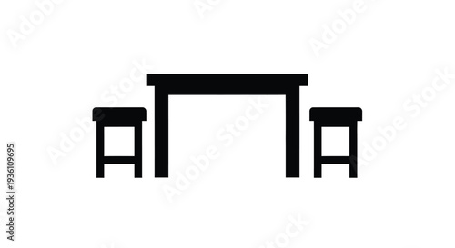 Minimalist depiction of a table and chairs in black silhouette