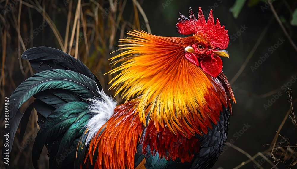 Fototapeta premium Colorful rooster with vibrant plumage poses in natural environment