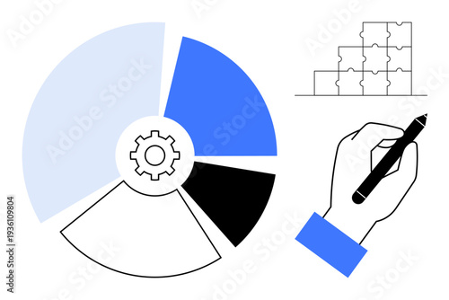 Business data analysis. Pie chart segments, hand with pen indicating planning, and puzzle structure solutions. Business data analysis visuals for strategy, planning, problem-solving, teamwork