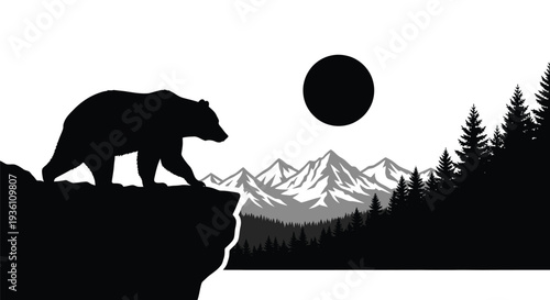Majestic bear overlooking mountains and forest in striking silhouette