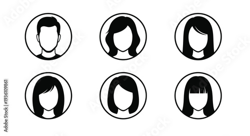Six circular profile icons depicting diverse hairstyles a graphic silhouette