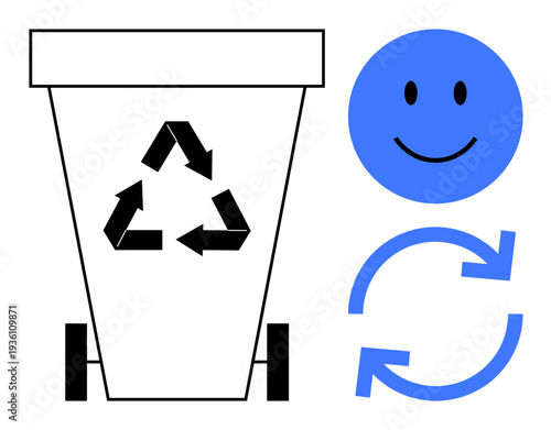 Recycling concept. Recycling symbol on trash bin showing environmental responsibility. Recycling paired with positive emotion and sustainability. Supports eco-awareness, waste management, green