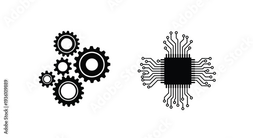 Gears and a microchip form a technological design silhouette