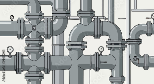 Industrial Plumbing System Pipes and Valves - Gray Tones.