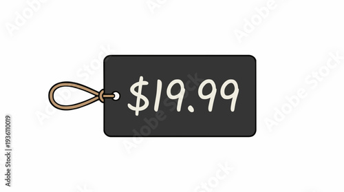 Black Price Tag With Dollar Sign And 19.99 Price Written In White Chalk On A White Background