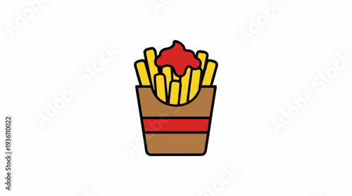 Crispy Golden French Fries Served in a Red Striped Cardboard Container Topped with Rich Red Ketchup Against a Clean White Background