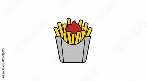Simple illustration of french fries in a grey paper container topped with red ketchup on a white background