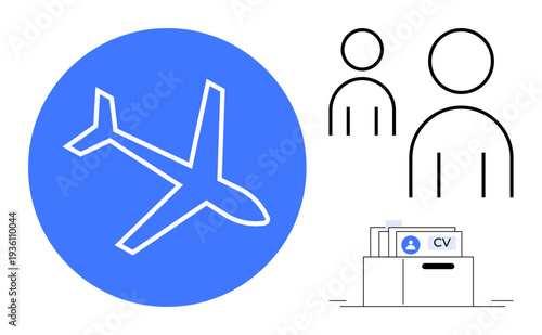 Recruitment concept. Recruitment tools thumbs up CV icons and skill management align with travel planning by an airplane icon. Recruitment driving career mobility and workforce optimization. For HR