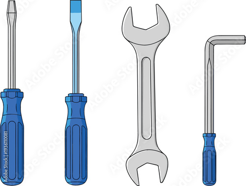 Professional hand tool vector set including flat head and phillips screwdrivers open end wrench and hex key with blue handles for maintenance and home repair.