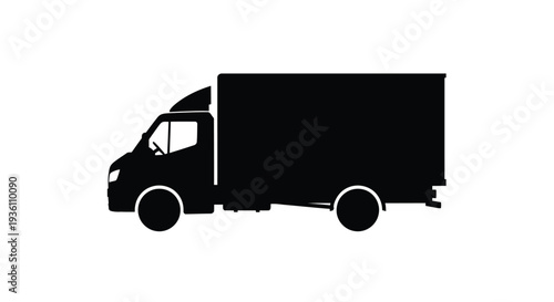 A stark black silhouette of a delivery truck against a white background silhouette