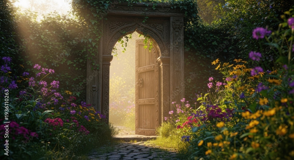 Fototapeta premium Sunlit garden path leads to an arched doorway with opened wooden door; flowers bloom