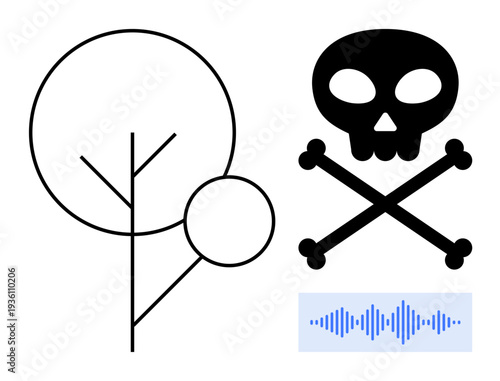 Sustainability concept. Sustainability with a tree icon, contrasting with a skull and crossbones, and a digital audio waveform. Sustainability, digital warnings, ethical awareness. For nature