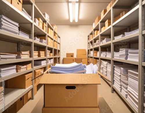 Storage room with open cardboard box of documents and shelves full of files
