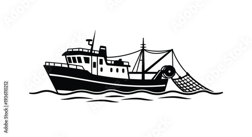 Black fishing boat on water with detailed artistic silhouette