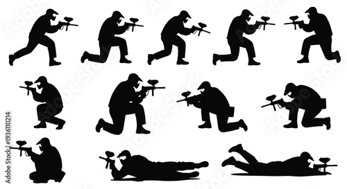 Paintball players in dynamic poses a striking black silhouette