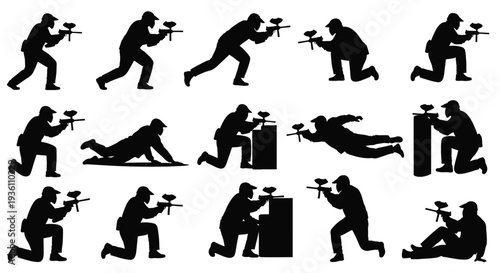 Paintball players in dynamic action poses a striking silhouette