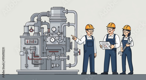 Engineers Inspecting Industrial Machinery Teamwork Maintenance.