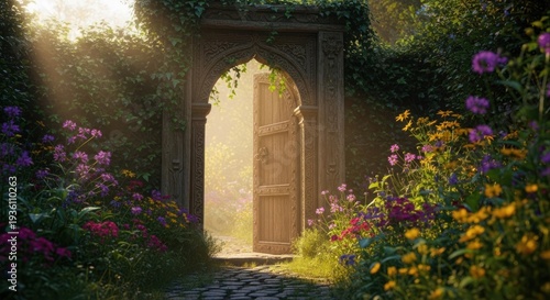 Sunlit garden path leads to an arched doorway with opened wooden door; flowers bloom
