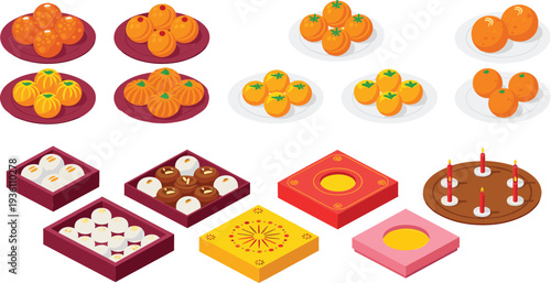 Set of traditional Indian and Bengali sweets and desserts including laddu, sandesh, and decorated gift boxes for festive celebrations like Diwali or Puja.