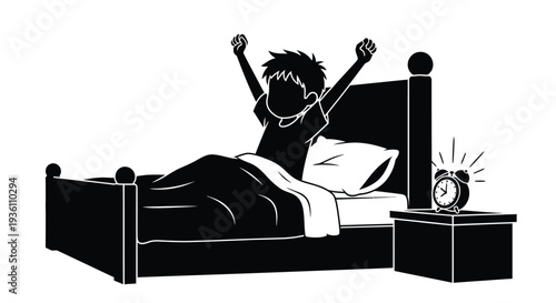 A cheerful boy stretches and wakes up with an alarm clock silhouette