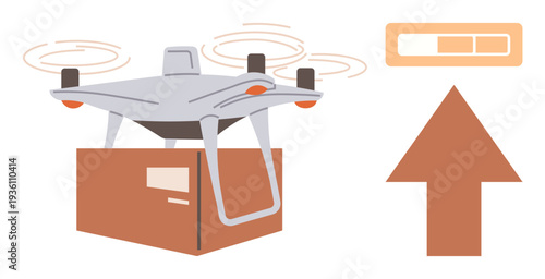 quadcopter delivery, e-commerce shipping, logistics technology, progress tracking, futuristic transportation, innovation. A Quadcopter carrying a package with progress bar and arrow. Drone delivery