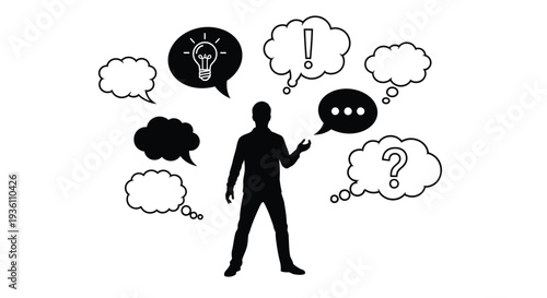 A person contemplating ideas represented by speech bubbles silhouette