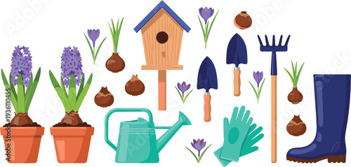 Spring gardening equipment vector set featuring purple hyacinth flowers in pots birdhouse watering can gloves rake shovel boots bulbs and gardening tools.