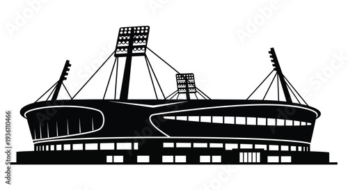 A striking black stadium illustration with floodlights a bold silhouette