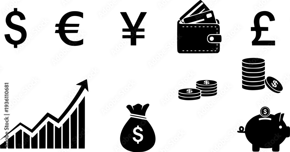 Obraz premium black Finance icons. Business Icons, money signs. Money silhouette collection. Wallet with cards icon. Coins silhouette icon. Growth chart. Moneybag or stash. Piggy bank flat style - stock vector