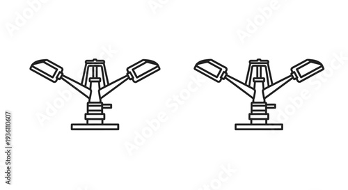 Two distinct linear drawings of floodlights stark black silhouette