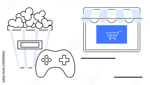 Entertainment, gaming, e-commerce, leisure, digital retail, online experiences. Popcorn, game controller and an online shopping icon on a storefront. Entertainment and gaming concept