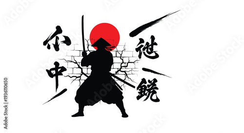 Samurai warrior with katana stands before a red sun dramatic silhouette