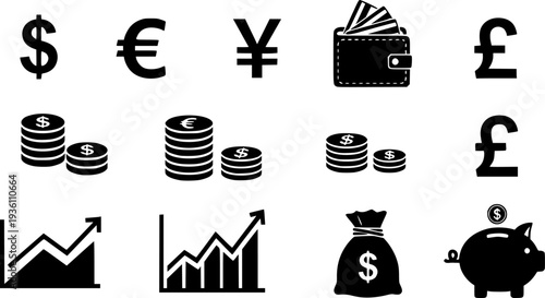 black Finance icons. Business Icons, money signs. Money silhouette collection. Wallet with cards icon. Coins silhouette icon. Growth chart. Moneybag or stash. Piggy bank flat style - stock vector