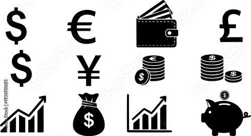 black Finance icons. Business Icons, money signs. Money silhouette collection. Wallet with cards icon. Coins silhouette icon. Growth chart. Moneybag or stash. Piggy bank flat style - stock vector