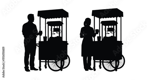 Two popcorn vendors with carts depicted in a stark black silhouette