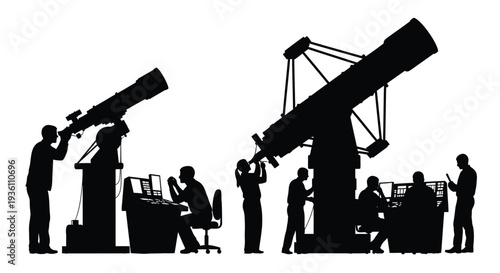Astronomers observing the night sky with large telescopes a dramatic silhouette
