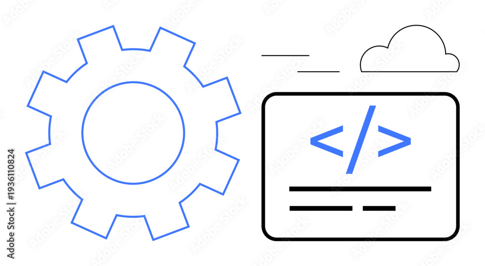 Obraz premium Software development, cloud computing, technological progress, programming, data processing, system integration. Gear and code block icon with a cloud element. Software development and cloud