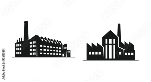 Industrial buildings with smokestacks depicted in a stark silhouette