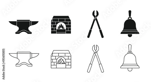 Blacksmith tools and forge depicted in a striking graphic silhouette