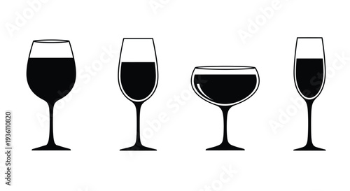 Four wine glasses in a row a striking black silhouette