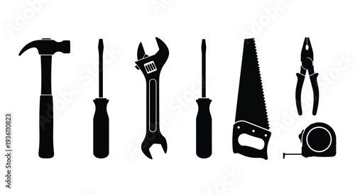 Black tool silhouettes arranged in a row showcasing common workshop items silhouette