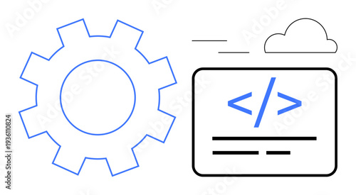 Software development, cloud computing, technological progress, programming, data processing, system integration. Gear and code block icon with a cloud element. Software development and cloud