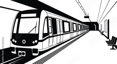 A modern subway train travels through a tunnel black and white silhouette