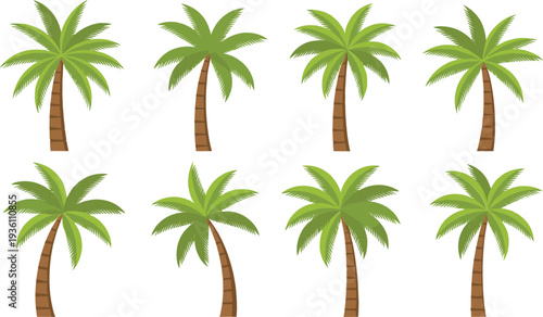 Tropical palm trees vector set featuring eight different green coconut tree illustrations for summer travel beach vacation nature and exotic island design.