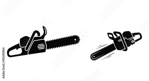 Two black chainsaw designs displayed against a white background silhouette