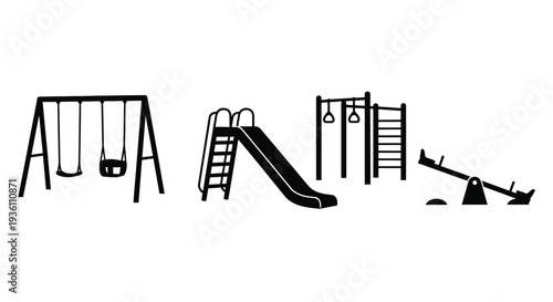 Black and white drawing of a playground with various equipment silhouette