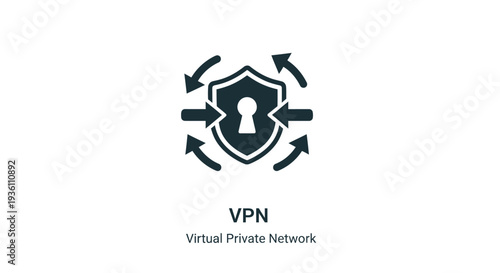 VPN logo with arrows pointing to a shield a digital security silhouette
