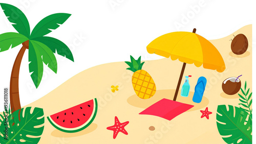 Summer beach doodle elements with watermelon pineapple starfish umbrella camera and tropical accessories vector set