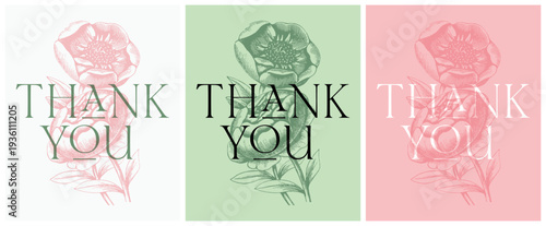 Elegant Thank You Cards: A trio of stylish designs expressing appreciation, each featuring a classic floral motif, perfect for conveying a message of thanks.